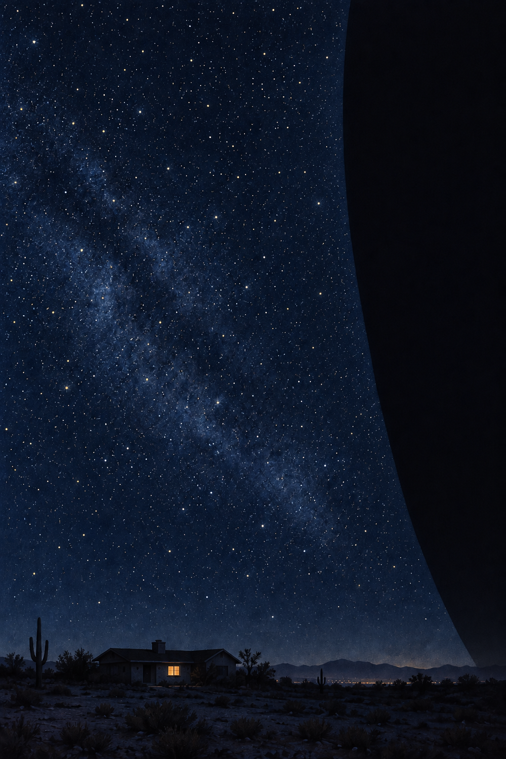 A small house glows beneath a star-filled desert sky as a vast dark curve intrudes from the right.